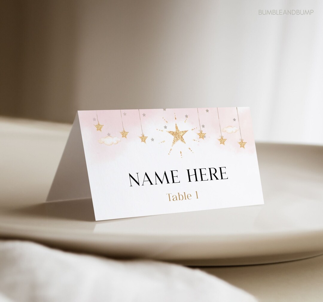 Tent Fold Table Name Cards Twinkle Twinkle Little Star Pink Gold Place