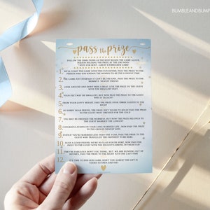 Pass the Prize Rhyme Game Printable Baby Shower Game Dusty Blue &amp; Gold ...