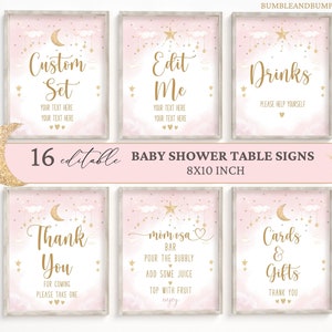 16 Baby Shower Table Signs | Set of Printable Twinkle Twinkle Little Star Pink Baby Shower Decoration Signs | 8x10 INCH Table Sign | BBTT03