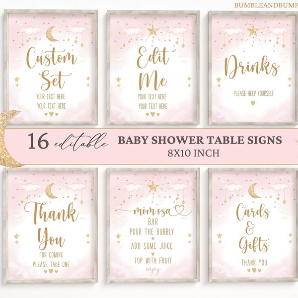 16 Baby Shower Table Signs | Set of Printable Twinkle Twinkle Little Star Pink Baby Shower Decoration Signs | 8x10 INCH Table Sign | BBTT03