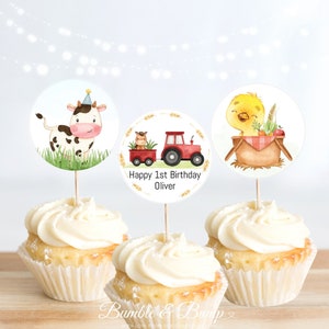 Printable Farm Cupcake Toppers, Farm 1st birthday, First Birthday Cupcake Topper, Farmer 1st Birthday,2 inch,Edit with Templett, Oliver