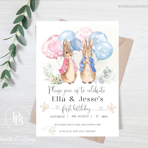 Twins / Joint Peter Rabbit themed first birthday | First Birthday Editable Printable invitation | Template | Peter & Flopsy theme kids