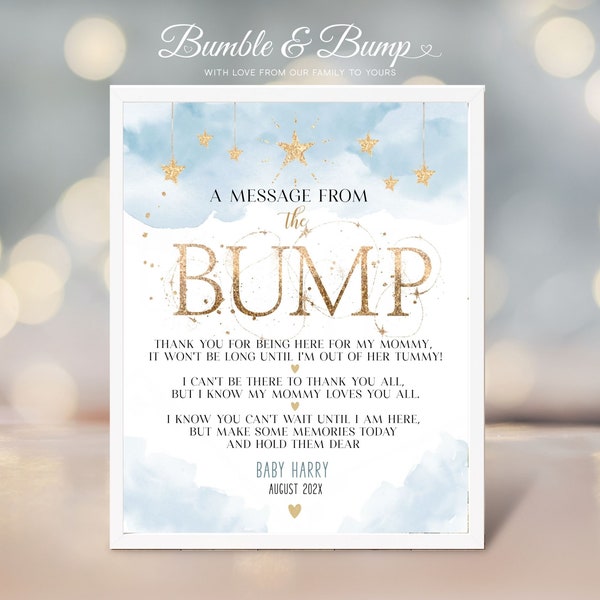 Editable Message from the Bump | Twinkle Twinkle Little Star Baby Shower Sign | Blue Gold Glitter Message from Baby, Bump Sign | BBTT01