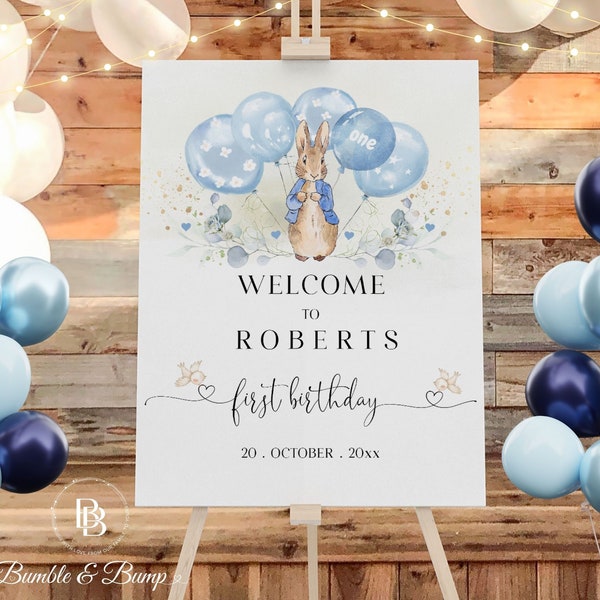 Peter Rabbit First Birthday Welcome Sign | Blue Birthday Welcome Poster with Balloons | Editable Welcome Sign | PR2303