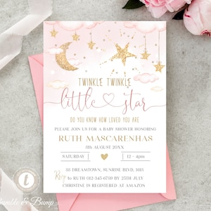 Twinkle Twinkle Little Star Pink & Gold Printable Baby Shower Invitation | EDITABLE Girl Baby Shower invite | Moon, Stars Pink Clouds BBTT03