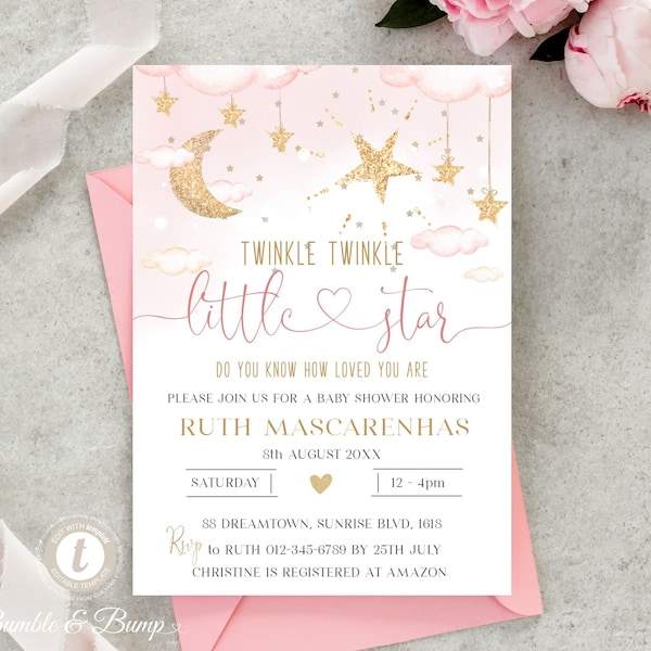 Twinkle Twinkle Little Star Pink & Gold Printable Baby Shower Invitation | EDITABLE Girl Baby Shower invite | Moon, Stars Pink Clouds BBTT03