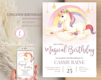 Unicorn Birthday EDITABLE Invitation | Birthday Invitation | 5x7 templett template, Evite for Smartphones | custom birthday bundle CASSIE