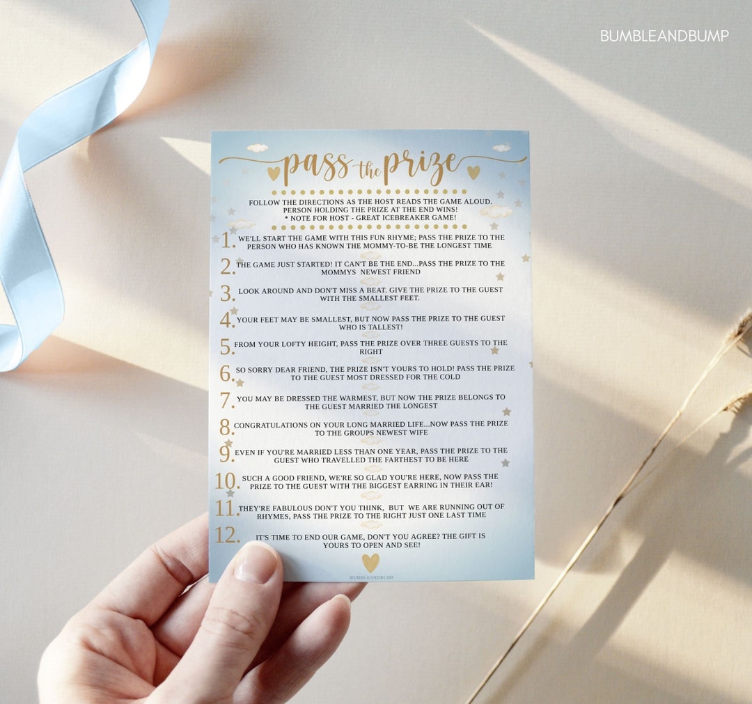 Pass the Prize Rhyme Game Printable Baby Shower Game Dusty Blue &amp; Gold ...