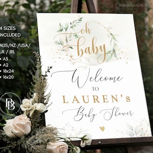 Greenery baby shower Welcome Sign | Oh Baby | Greenery Sage and Gold | Classic Sophisticated baby shower | Printable Editable LAUREN