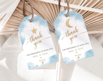 Twinkle Twinkle Little Star Favor Tag, Thank you tag | Baby Shower Gift Tag| Dusty Blue baby shower|  3.5x2 inch Gold Glitter BBTT01