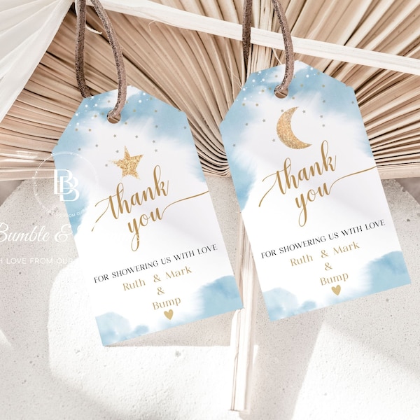 Twinkle Twinkle Little Star Favor Tag, Thank you tag | Baby Shower Gift Tag| Dusty Blue baby shower|  3.5x2 inch Gold Glitter BBTT01