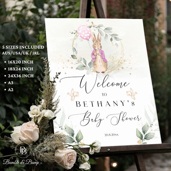 Pink Peter Rabbit Baby Shower Welcome Sign with Greenery  | Editable Baby Shower Welcome Poster | Flopsy Rabbit Baby Shower Decoration