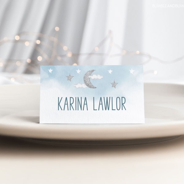 Twinkle Little Star Name Place Cards | Blue Silver Printable Place Cards | Baby Shower Table Name Cards | Moon,Stars,Clouds EDITABLE BSTT02