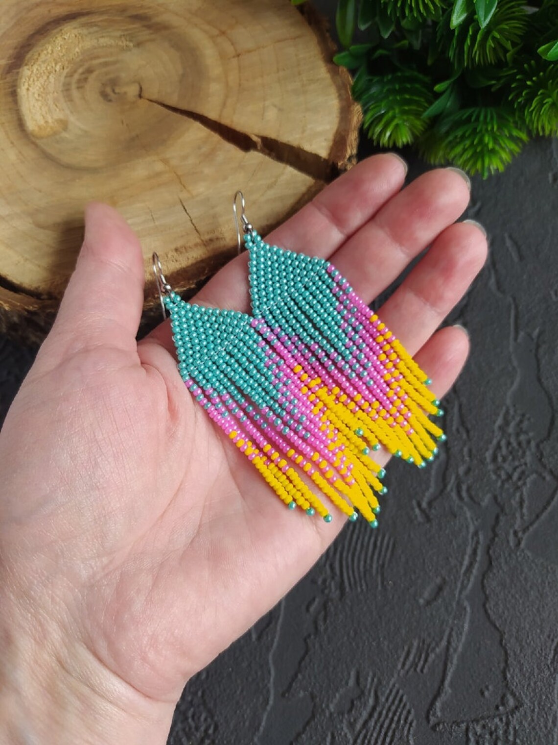 Yellow beaded fringe earrings Long beaded earrings Seed bead Etsy