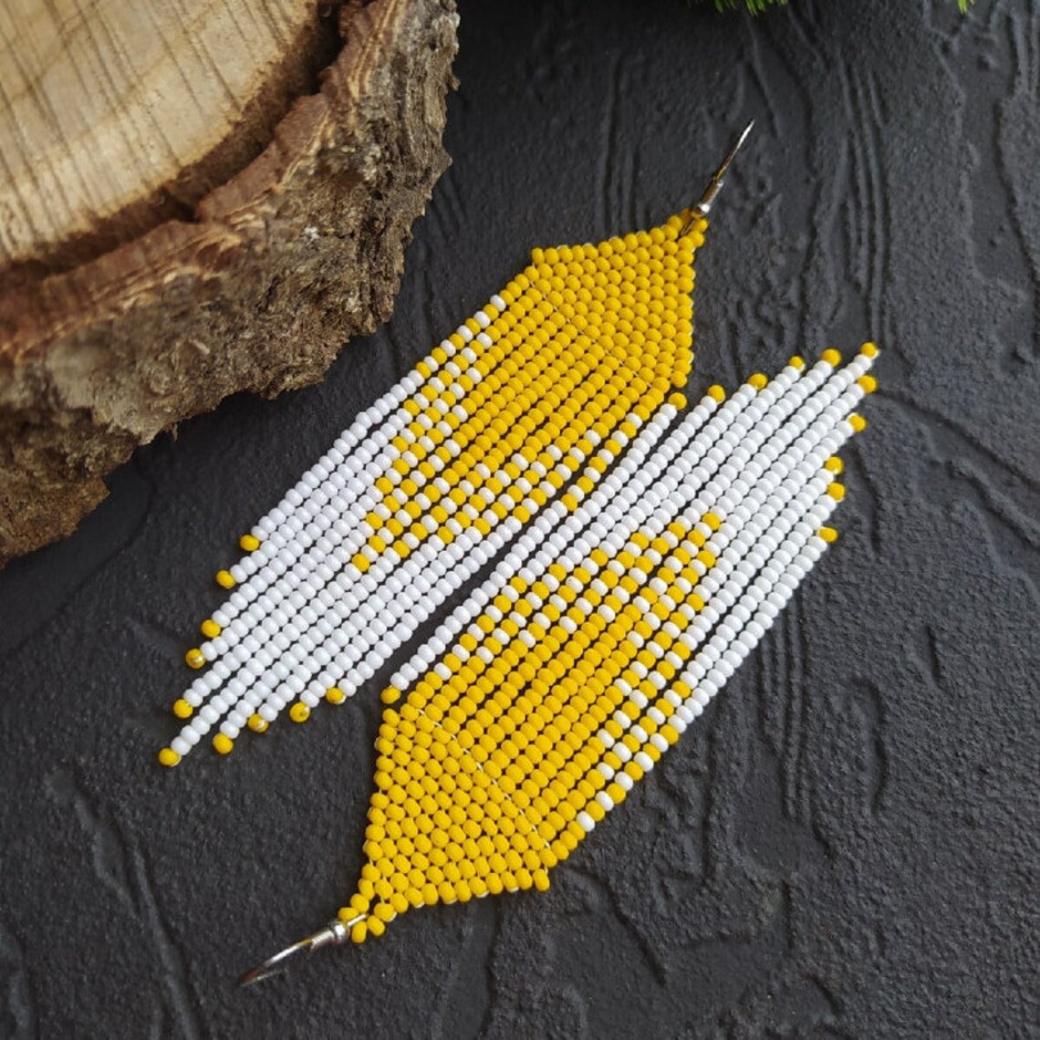 Yellow beaded fringe earrings Long beaded earrings Hanging Etsy