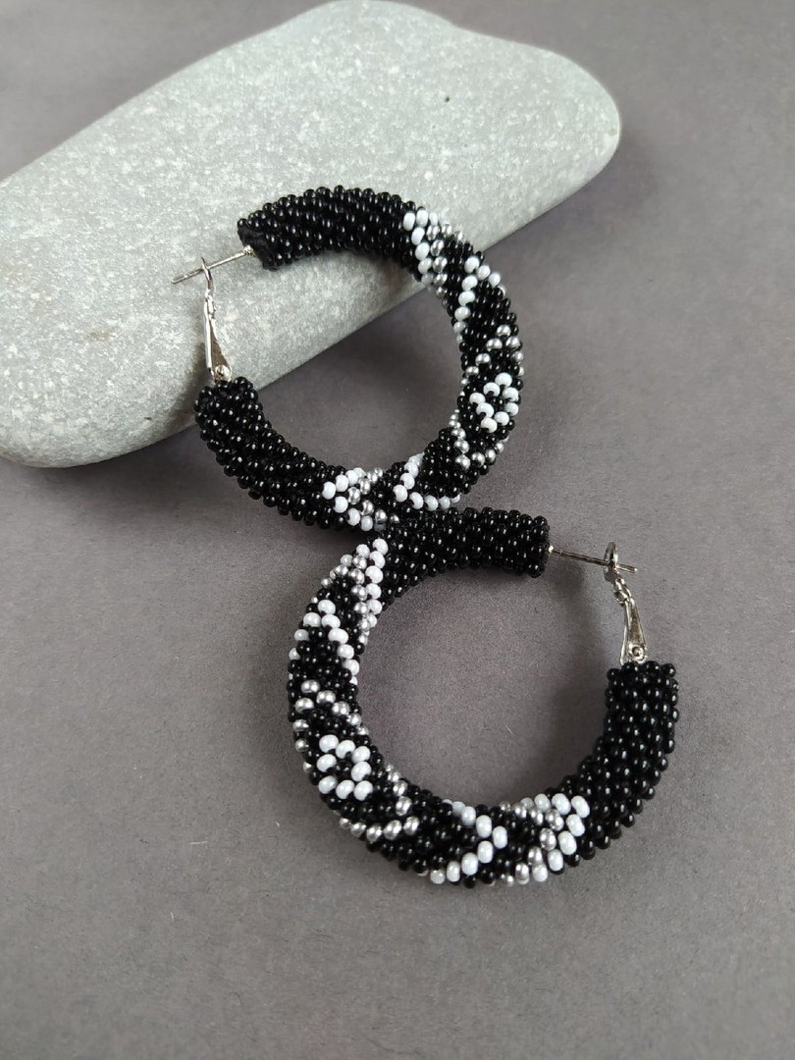 Black Beaded Hoop earrings Native American style beaded hoop Etsy