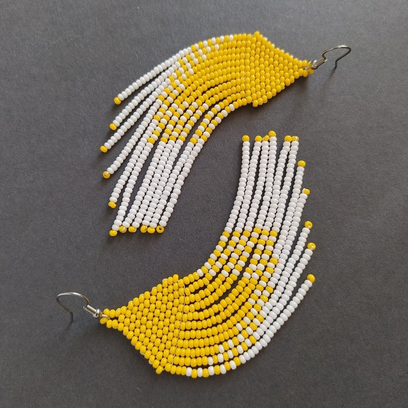 Yellow beaded fringe earrings Long beaded earrings Hanging Etsy