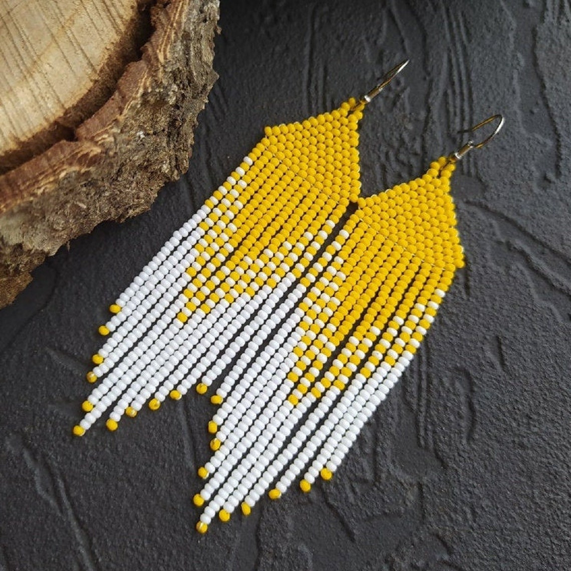 Yellow beaded fringe earrings Long beaded earrings Hanging Etsy