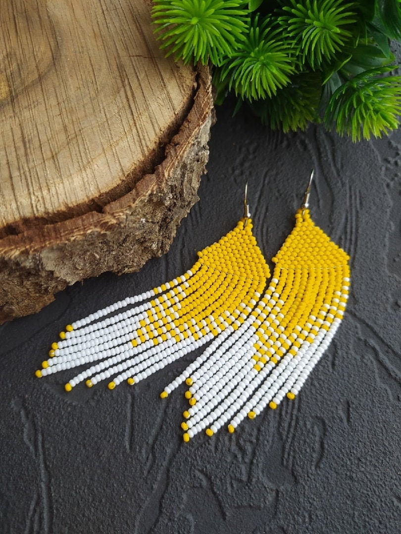 Yellow beaded fringe earrings Long beaded earrings Hanging Etsy