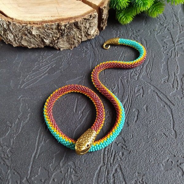 Turquoise snake bead necklace, Snake choker, Witch jewelry, Handmade jewelry, Ouroboros snake jewelry, Seed Bead Snake, Snake bracelet