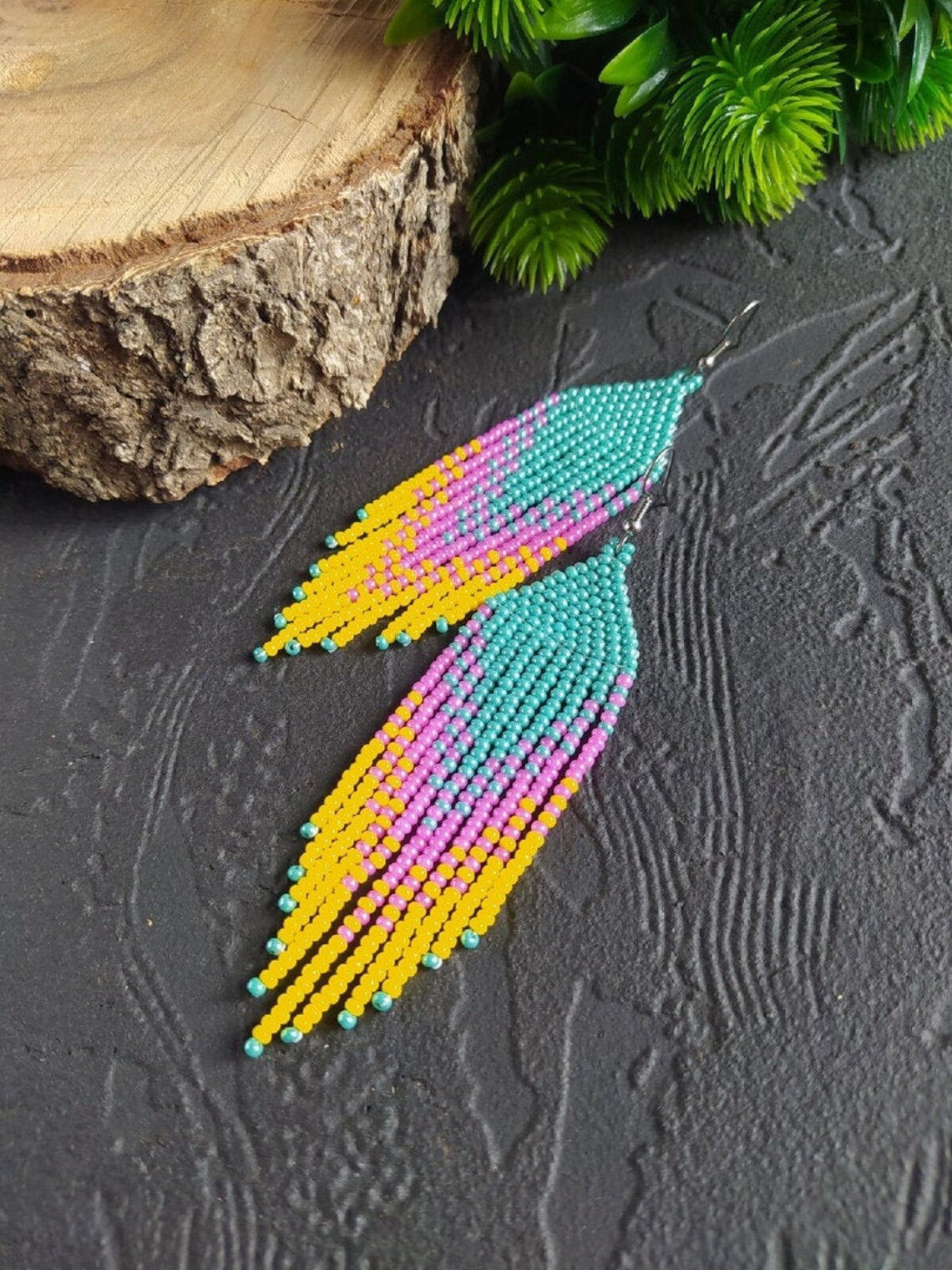 Yellow beaded fringe earrings Long beaded earrings Seed bead Etsy