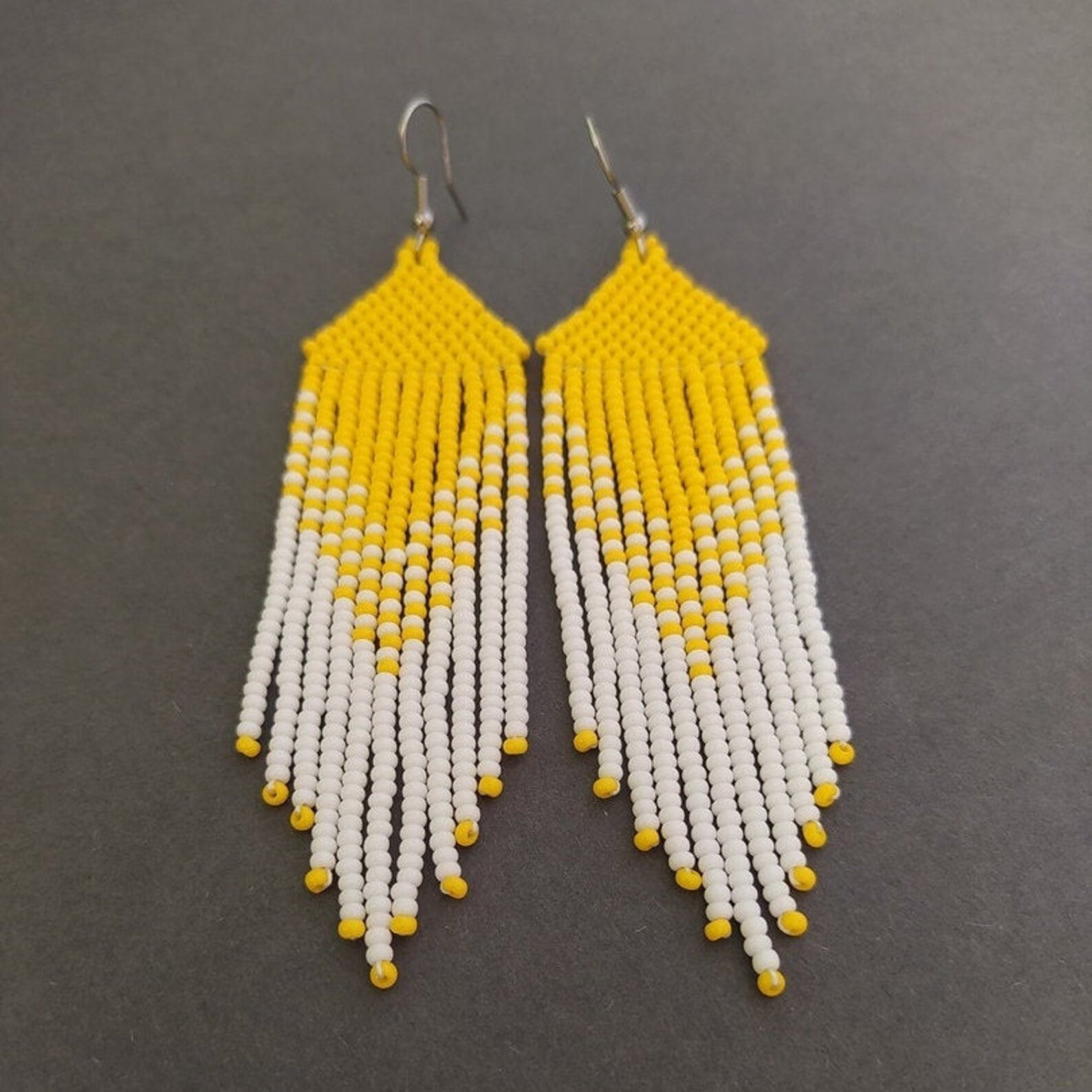 Yellow beaded fringe earrings Long beaded earrings Hanging Etsy