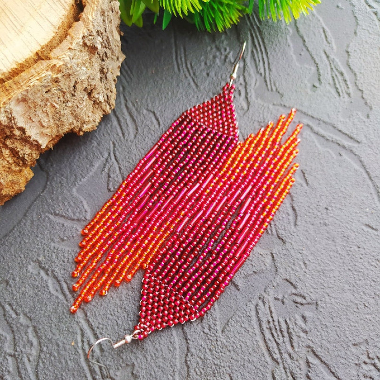 Red fringe beaded earrings Red Ombre earrings Gradient Etsy