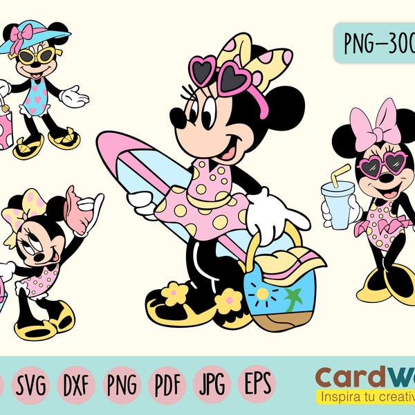 Minnie on the beach card SVG Clipart Prediseñados, Vector, Eps, Png, Pdf