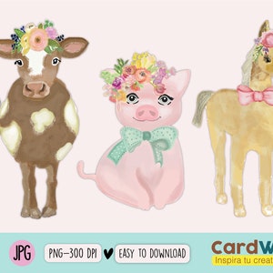 Cute Farm Animals Watercolor Clipart PNG Horse, Cow, Chicken, Sheep ...