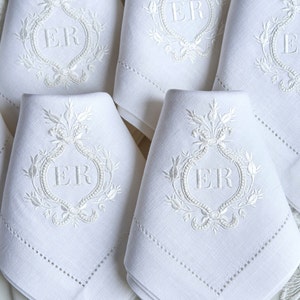 Vintage Style Monogrammed napkins, Embroidered White Linen - Hemstitched edge
