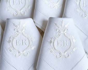 Vintage Style Monogrammed napkins, Embroidered White Linen - Hemstitched edge