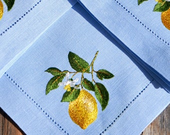 Embroidered Lemon Branch Linen Napkin: Sky Blue Vintage Style