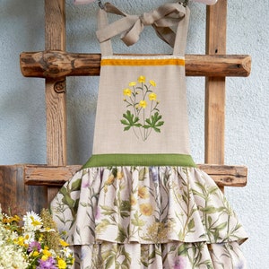 Floral Ruffle Apron: Embroidered Buttercup, Meadow Flowers