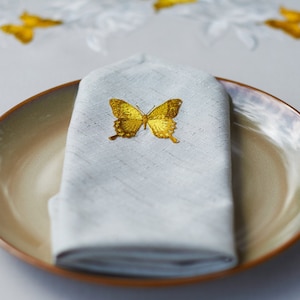 SET OF 2 NAPKINS Beige embroidered napkins Fabric napkins Embroidered butterfly Linen texture Ideal with peony tablecloth Garden Gift image 1