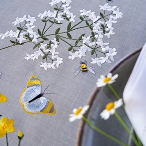 Embroidered Summer Tablecloth: Gray Linen with Meadow Flowers & Lace