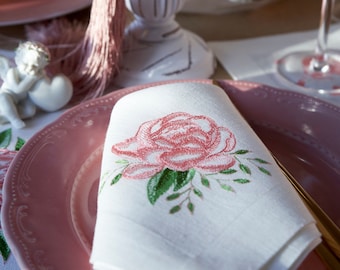 Embroidered Pink Rose Linen Napkin: Vintage Style Hemstitched