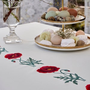 Embroidered Poppy Tablecloth: Beige Linen Texture, Waterproof Coating