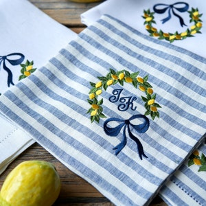 Lemon wreath napkins White napkins Spring napkins Embroidered napkins Striped napkins Easter table decorations Gift ideas Waterproof coating