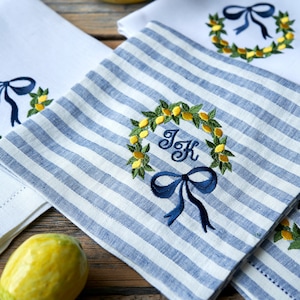 Lemon wreath napkins White napkins Spring napkins Embroidered napkins Striped napkins Easter table decorations Gift ideas Waterproof coating