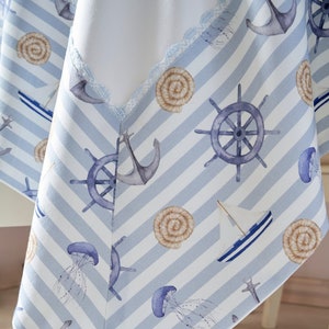 Sea motifs tablecloth White tablecloth Sea life pattern edge Nautical style tablecloth Decorative edge Linen texture Linen lace Waterproof
