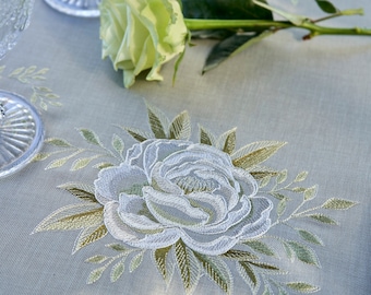 Embroidered Rose Tablecloth: Gray Linen Lace, Vintage Style