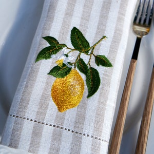 Lemon branch napkins Embroidered napkin White napkins Striped napkin Beige napkins Linen napkin Vintage style napkin Hemstitched napkin Gift