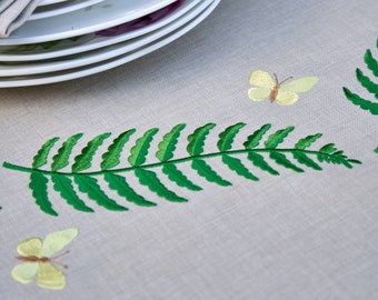 Sand beige tablecloth Embroidered tablecloth Embroidered fern Decorative fern trim Linen texture Summer tablecloth Country style Waterproof