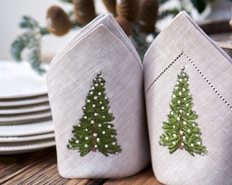 Servilleta de lino con diseño de árbol de Navidad bordado: decoración rústica beige para fiestas