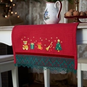 Embroidered Christmas Table Runner: Red Linen with Lace & Velvet