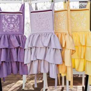 Embroidered Ruffle Apron: Linen Lace, Velvet Ribbon, Waterproof Coating