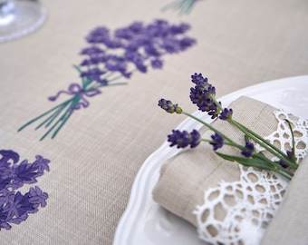 Embroidered Lavender Tablecloth: Sand Beige Linen Texture, Purple Edge