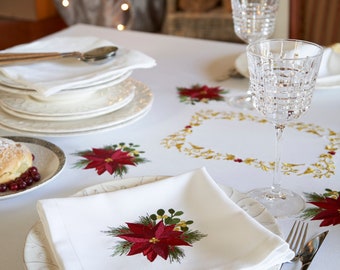 Embroidered Poinsettia Christmas Tablecloth: festive holiday table setting