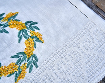 Embroidered Mimosa Linen Tea Towel with Lace Hemstitch