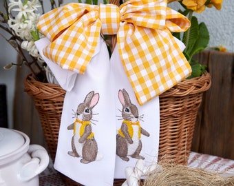 Embroidered Bunny Easter Wreath Sash - Blue/Yellow Gingham Bow
